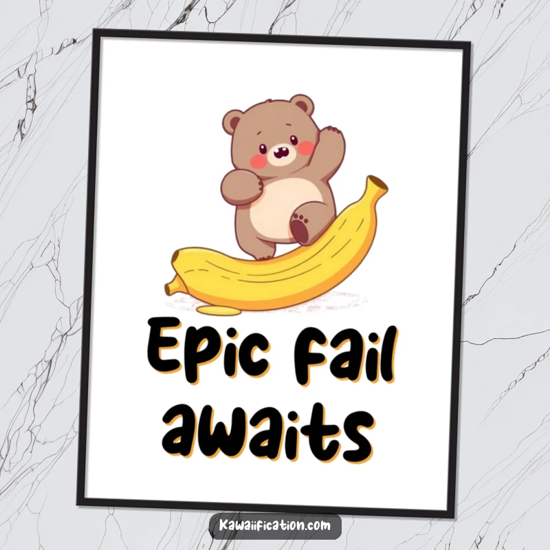 Funny poster depicting a plump bear hilariously attempting to climb a slippery banana peel, a comical wildlife art.