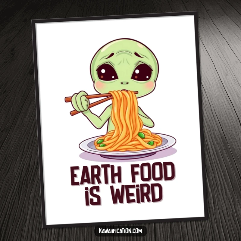 Funny Poster art of a confused alien attempting to navigate spaghetti with chopsticks, depicting a humorous intergalactic dining challenge.