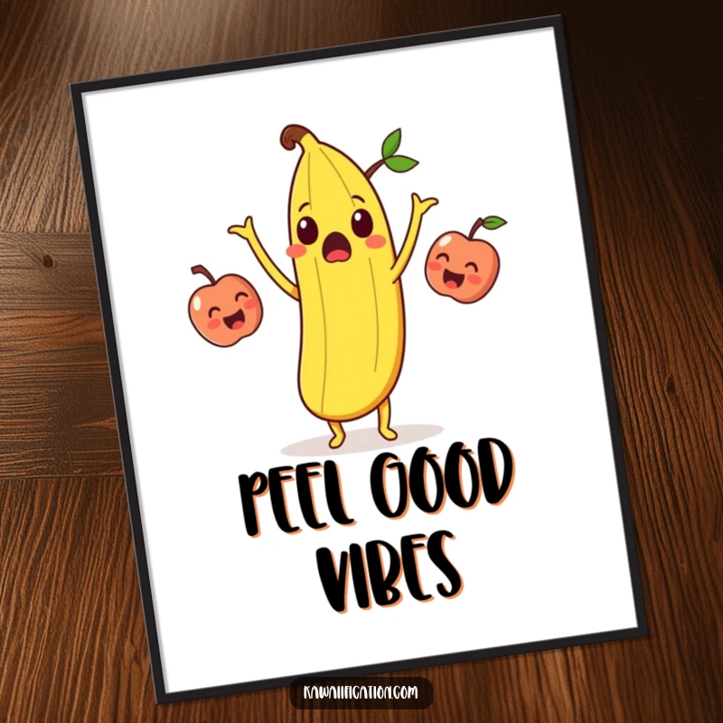 Funny surprised banana peel juggling laughing apples on a poster, ideal for humorous wall decor.