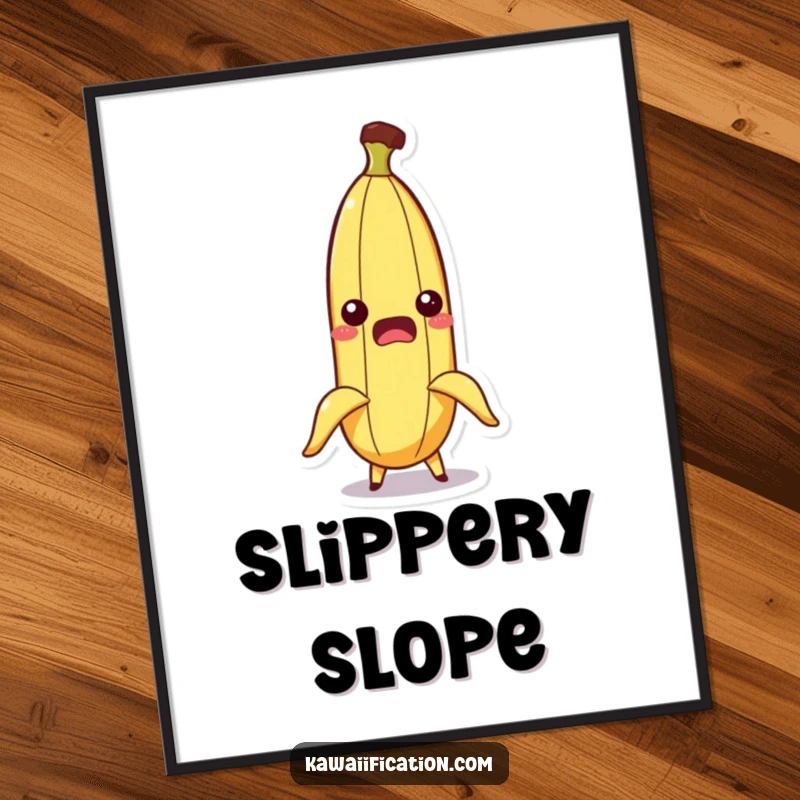Funny poster illustrating a startled banana character comically slipping from its peel, an amusing piece of wall art.