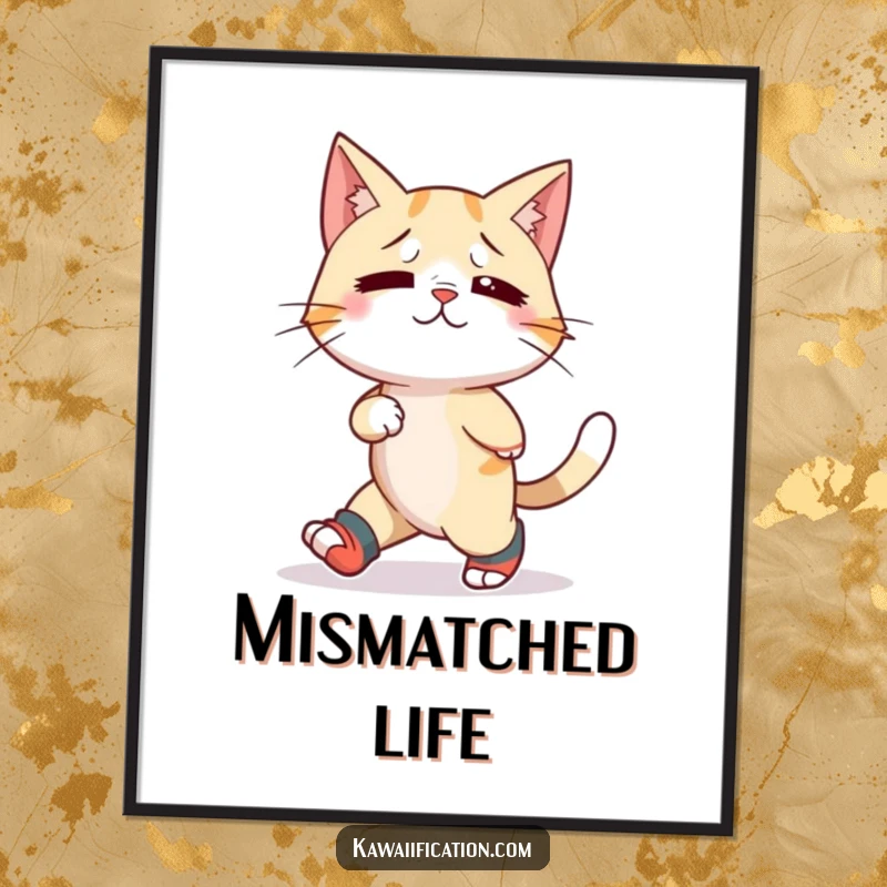 Funny poster illustrating a confused cat humorously wearing mismatched socks and attempting backward motion, adding playful charm.