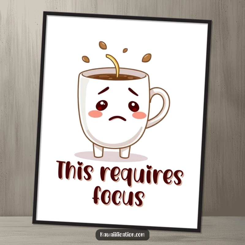 Funny poster illustrating a bewildered coffee cup character comically attempting to pour itself, adding humorous decor to any room.