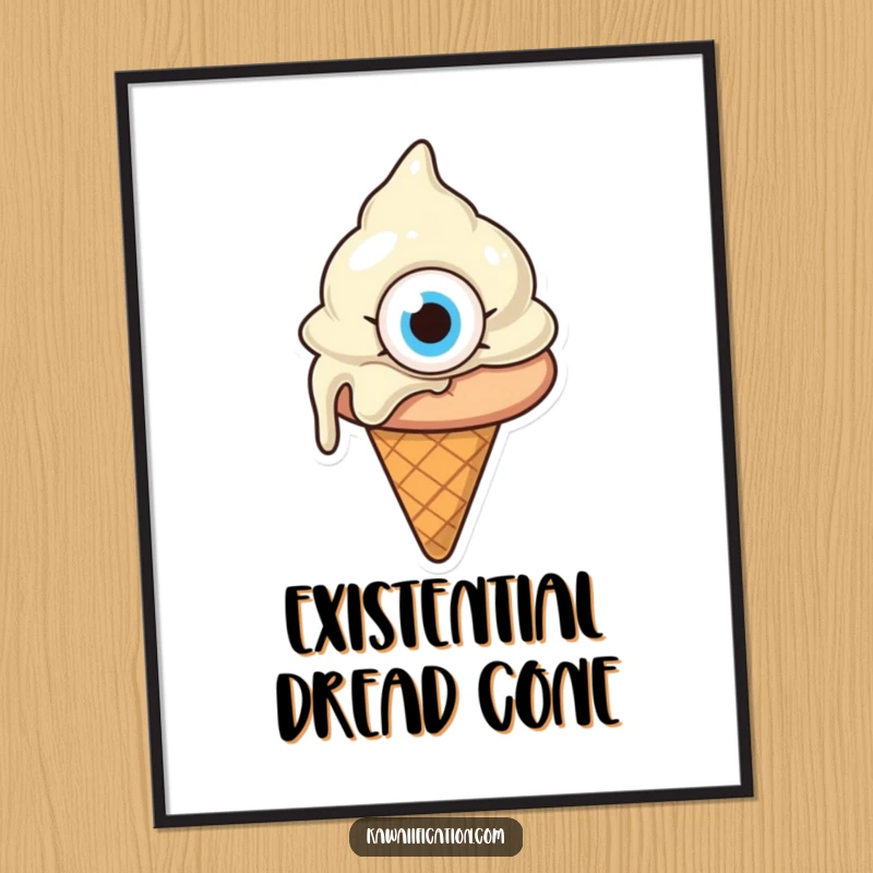 Funny melting ice cream cone with one giant eye, looking confused, quirky cartoon wall art ready to be framed, perfect funny gift.