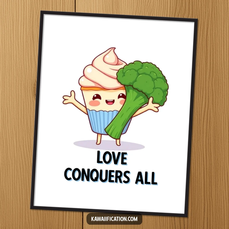 Funny happy cupcake with frosting arms hugging grumpy broccoli, charming cartoon wall art ready to be framed, perfect funny gift.