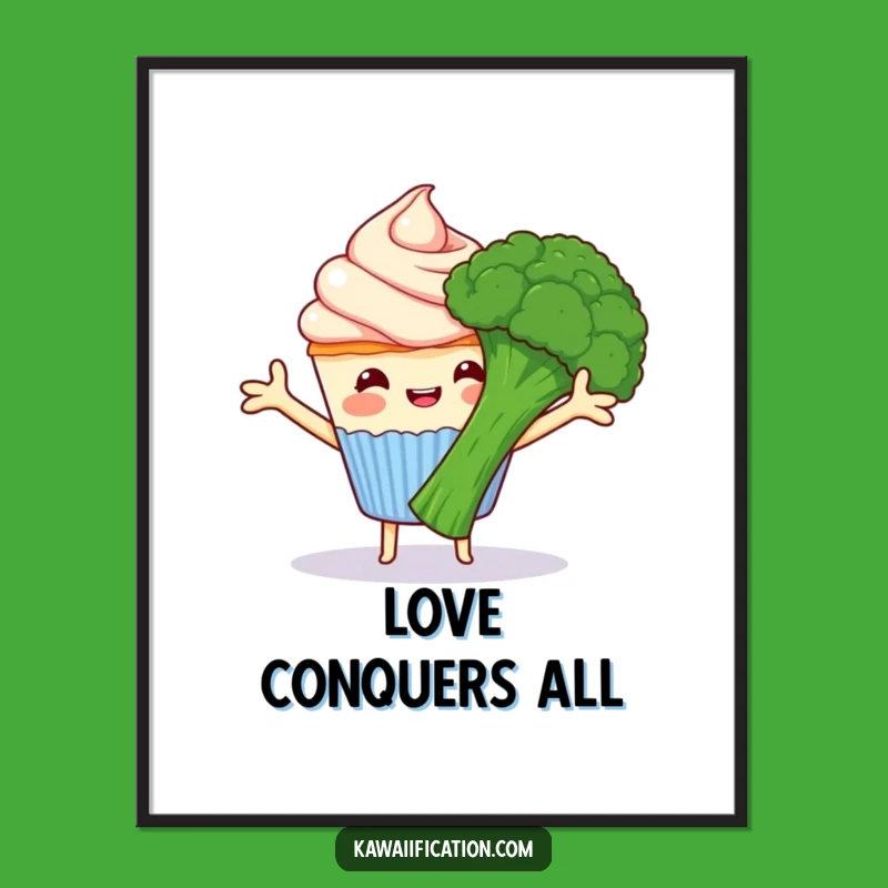 Funny Cupcake Hugs Broccoli Poster - Cute Cartoon Wall Art Gift!