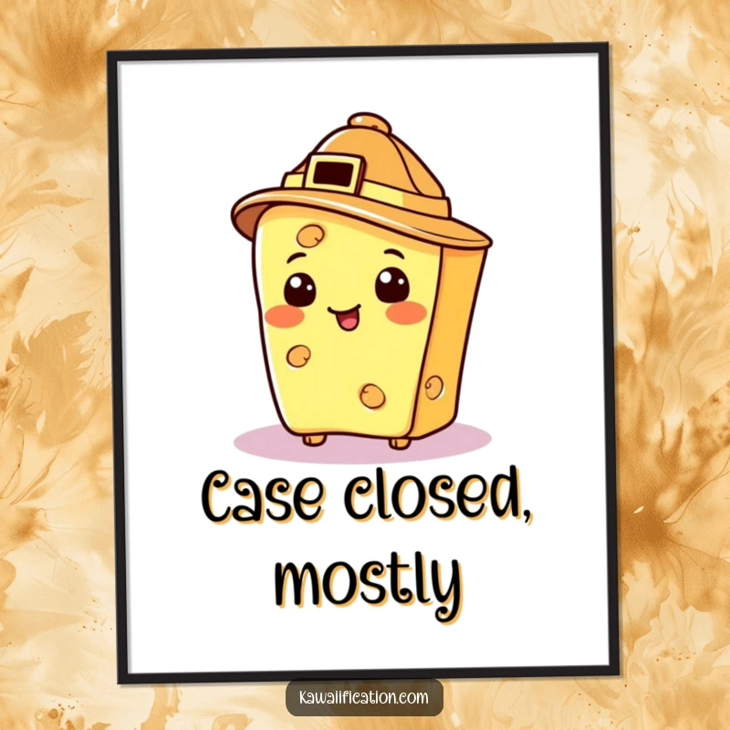 Funny cheese slice in a detective hat, framed as a humorous poster, adding a witty touch.