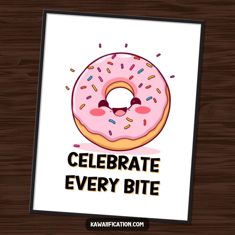 Funny Donut Confetti Poster print of a delighted donut character with sprinkles falling like confetti, adding festive and cheerful decor.