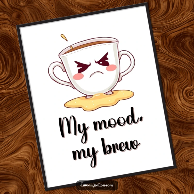 Funny poster of a grumpy teacup spilling its drink while attempting a wink, a humorous piece of beverage-related art.