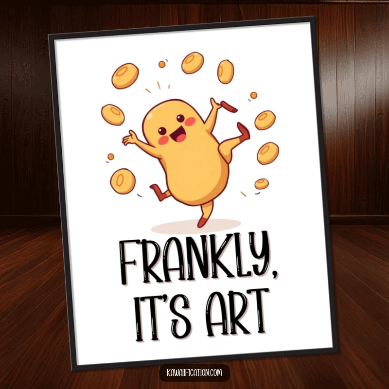 Funny hot dog character cartwheeling and juggling buns on a poster, ideal for dynamic and humorous wall decor.