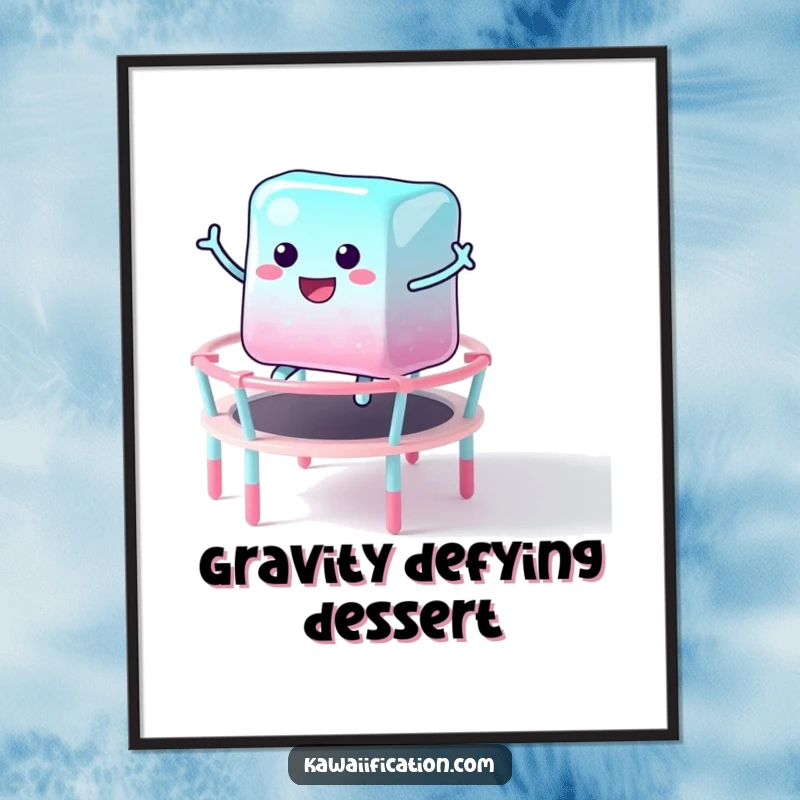 Funny poster of a jubilant jelly cube character leaping with joy on a bouncy candy trampoline, radiating sugary happiness and energetic vibes.