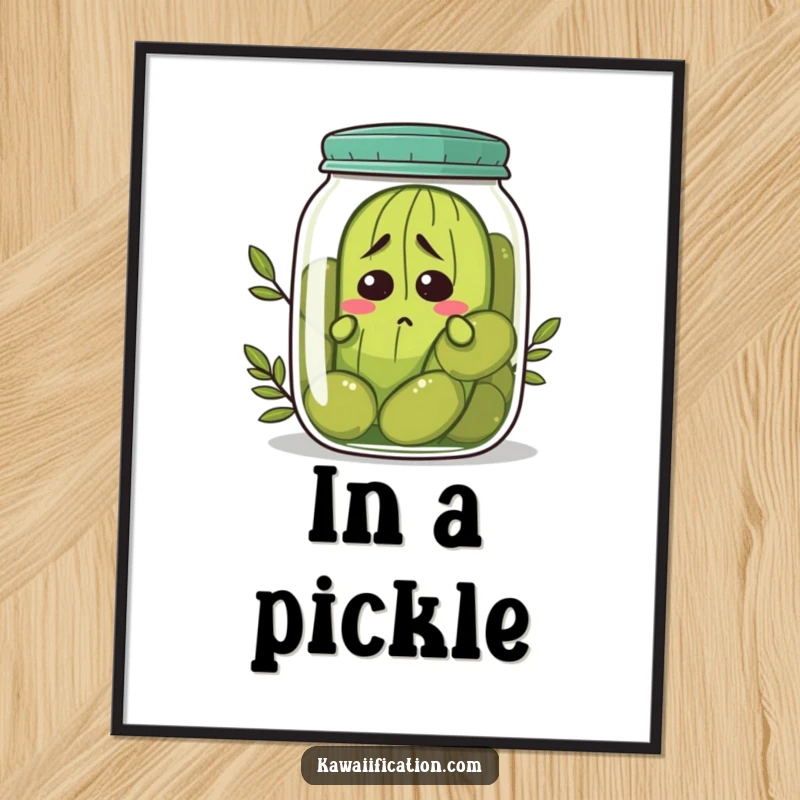 Funny nervous pickle poster trying to hide in a jar of olives, relatable wall art for awkward moments, ideal funny gift.