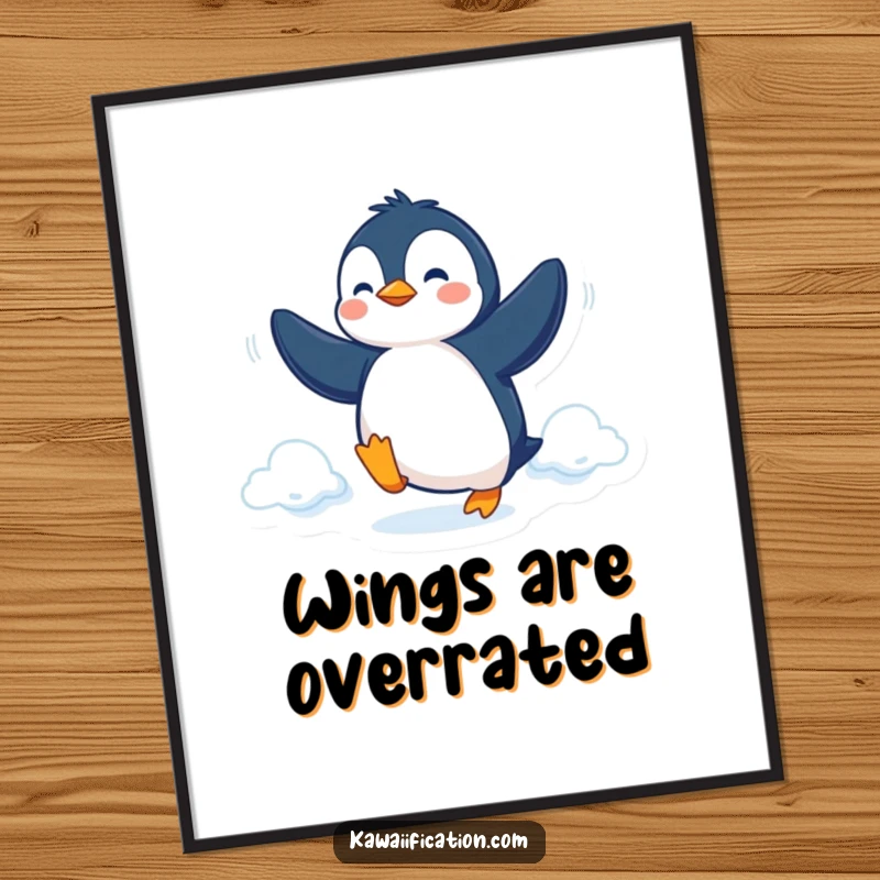 Funny Poster featuring a determined penguin attempting flight with flippers, adding inspirational humor to decor.