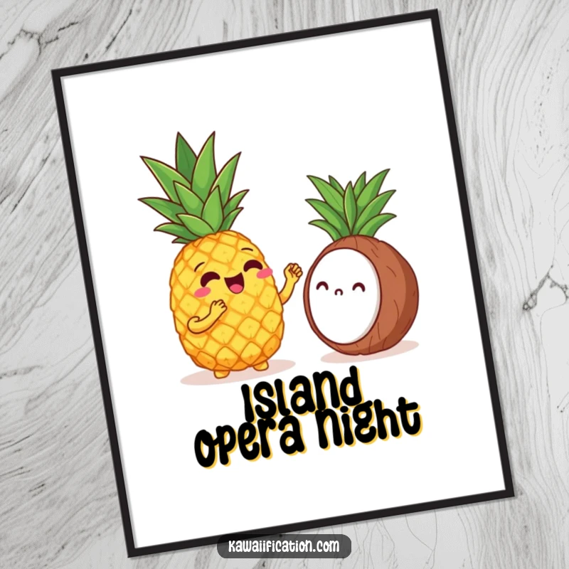 Funny poster of a cheerful pineapple singing opera to a shy coconut, capturing a humorous tropical musical moment.