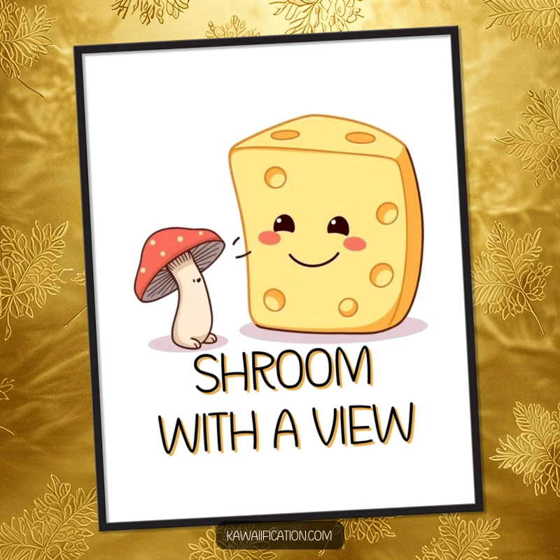 Funny shy mushroom winking at a smiling cheese on a poster, ideal for charming and humorous wall decor.