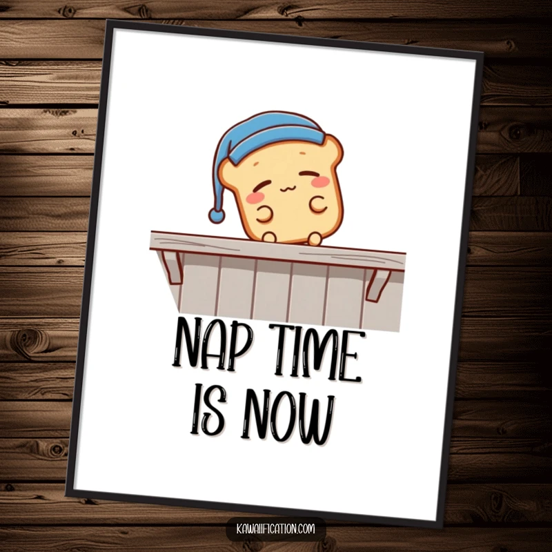 Funny sleepy bread loaf wearing a nightcap, falling off a shelf, charming cartoon wall art ready to be framed, perfect funny gift.