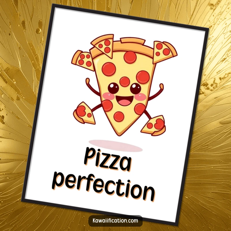 Funny pizza poster, smiling slice juggling multiple pepperoni slices, humorous and appetizing wall art.