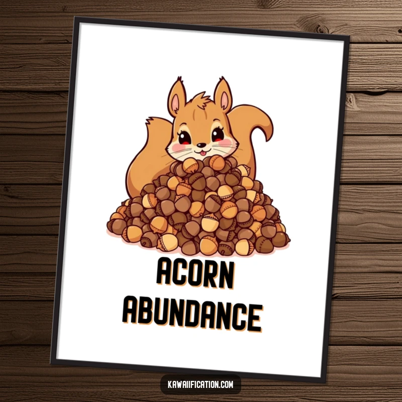 Funny Poster: Artistic depiction of a mischievous squirrel with an absurdly large pile of acorns, full of woodland charm.