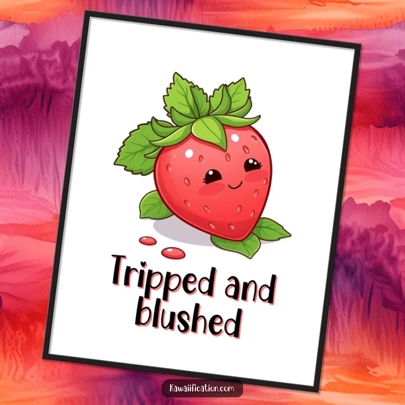 Funny Poster featuring a blushing strawberry hilariously tripping over its leaves, adding cute humor to decor.
