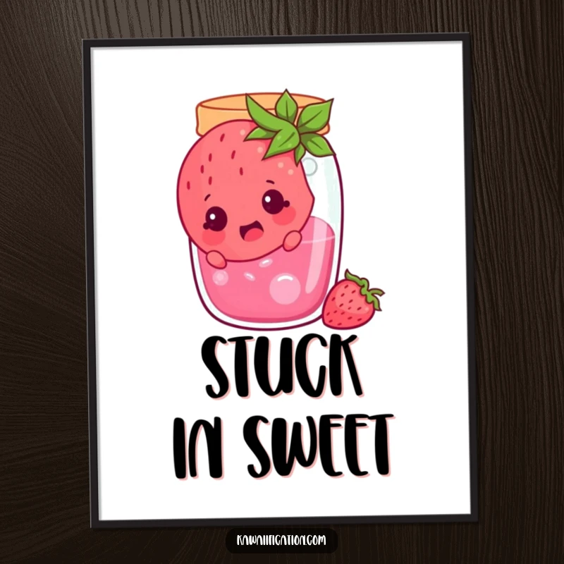 Funny cheerful strawberry stuck in a jam jar, looking surprised, charming cartoon wall art ready to be framed, perfect funny gift.