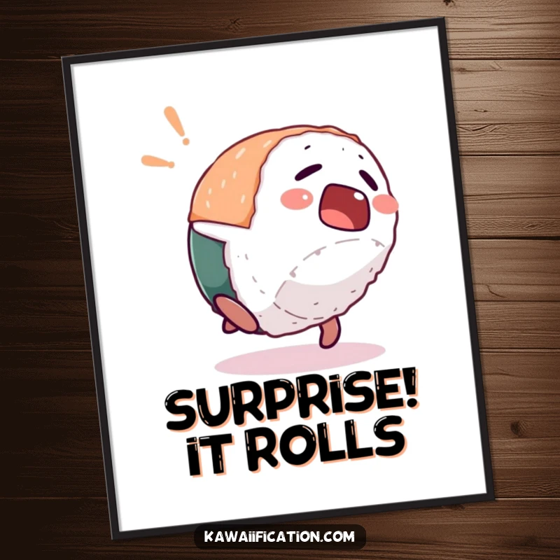 Funny poster featuring a startled sushi piece character performing a comical backflip, adding humorous and dynamic wall art.