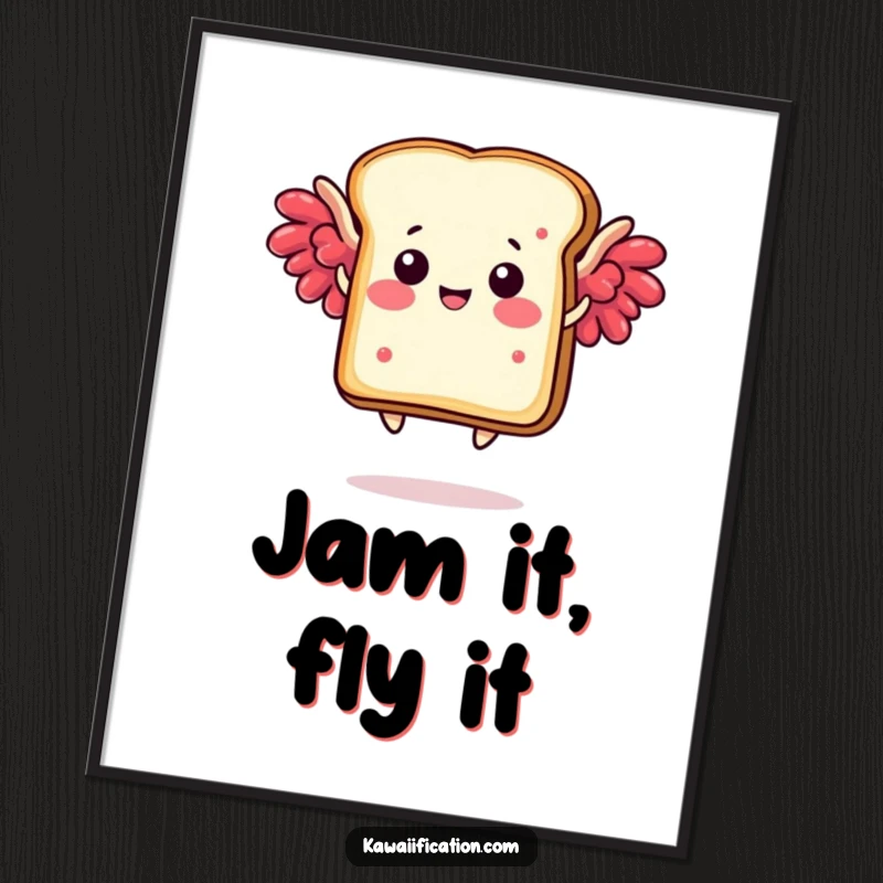 Funny poster illustration of a happy toast slice with jam wings humorously attempting flight, bringing breakfast cheer to walls.