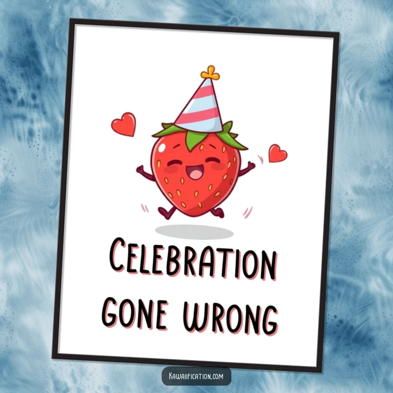 Funny poster of a plump strawberry in a party hat tripping hilariously, capturing a moment of pure comedic joy.