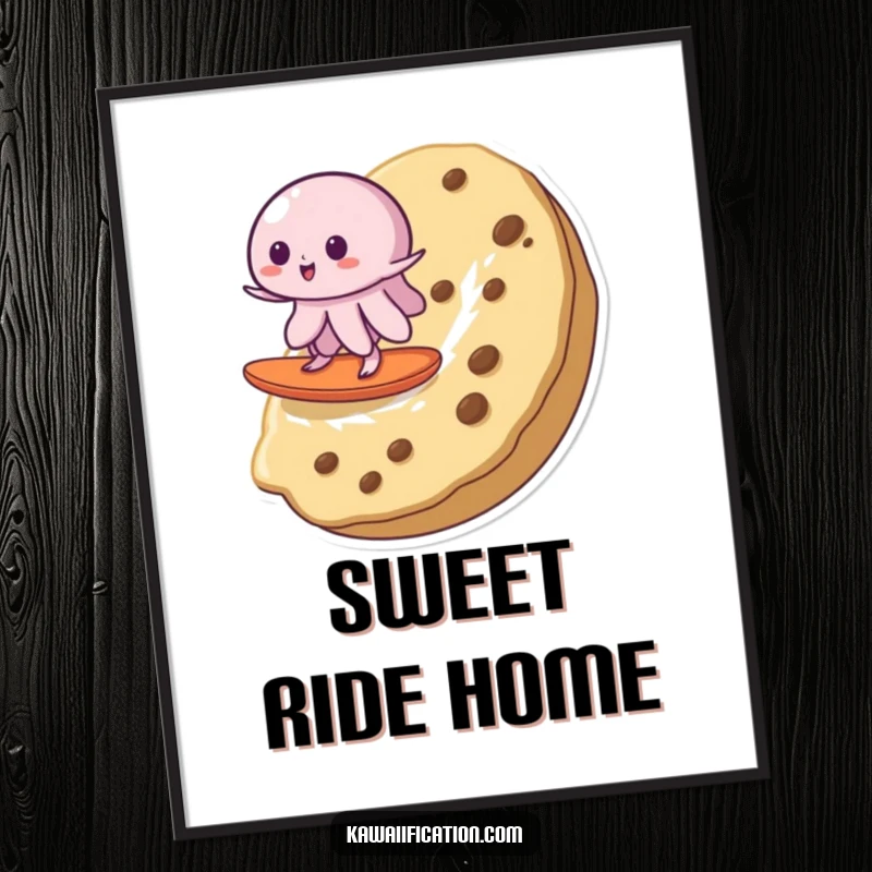 Funny poster showcasing a wobbly jelly gracefully surfing a giant cookie, a whimsical and comical piece of dessert-inspired art.