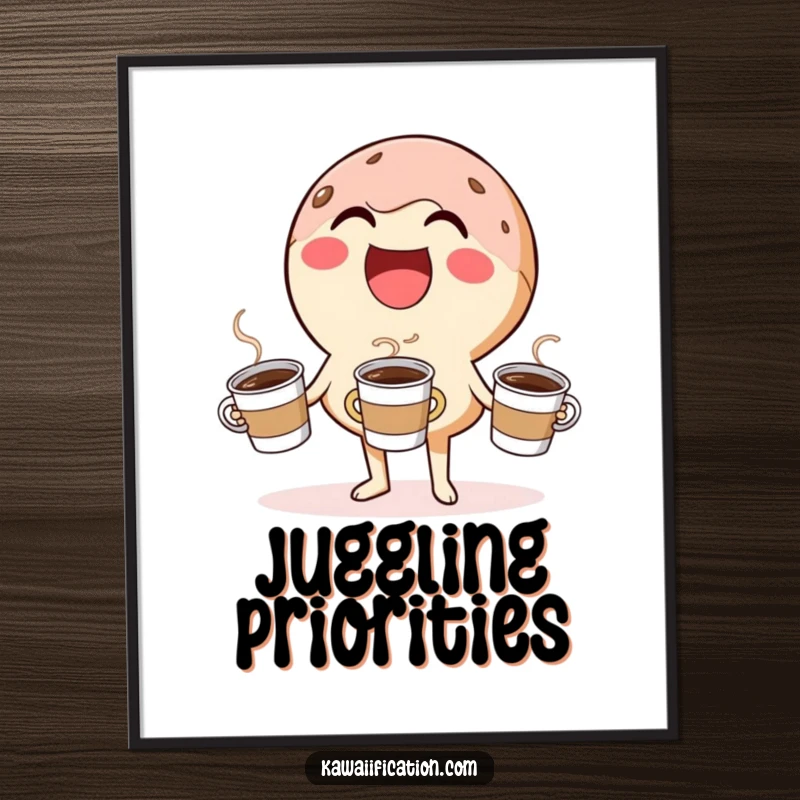 Funny poster illustration of a laughing donut character comically juggling small coffee cups, bringing sweet cheer to walls.