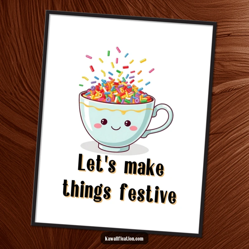 Funny teacup poster showcasing colorful, dancing sprinkles erupting from a cheerful cup, bringing a vibrant and happy atmosphere.