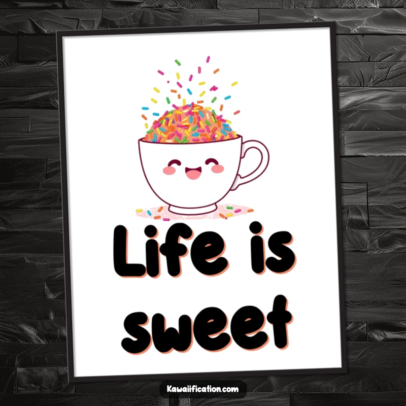 Funny poster of a cheerful teacup overflowing with colorful, dancing sprinkles, a whimsical piece of sweet art.