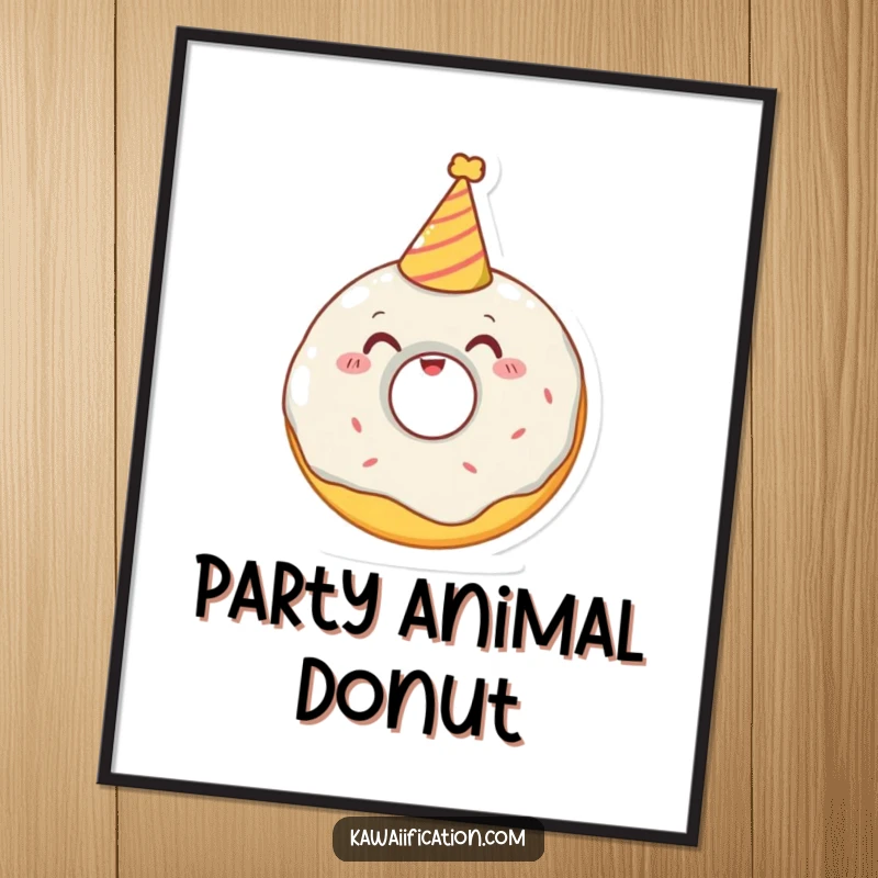 Funny poster featuring a delighted donut character trying to wear a tiny party hat, adding festive and humorous wall art.