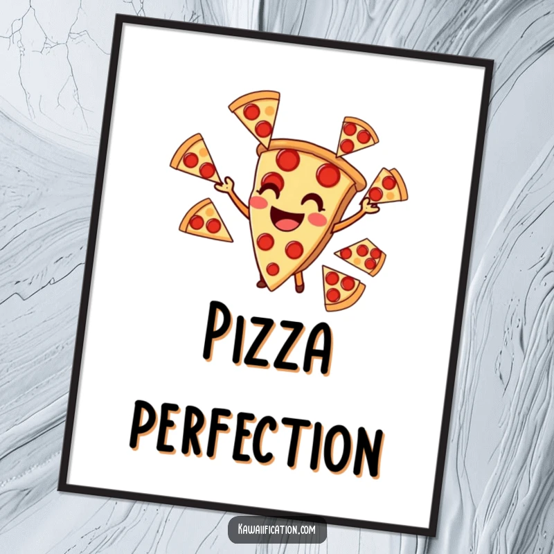 Funny poster of a smiling pizza slice juggling multiple pepperoni slices, a humorous culinary artwork for food enthusiasts.