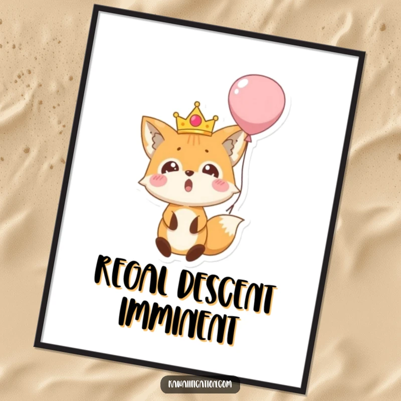 Funny poster showing a surprised fox character wearing a tiny crown, comically falling out of a balloon, creating a whimsical and humorous display.