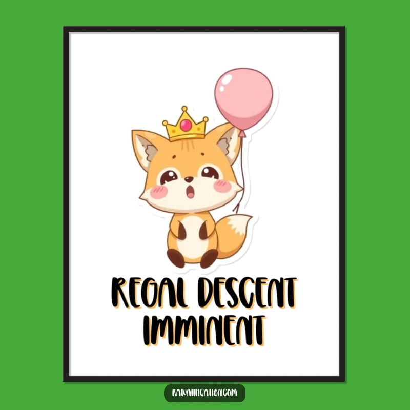 Funny Fox Balloon Fall Poster: Surprised Crowned Character Art, Whimsical Decor