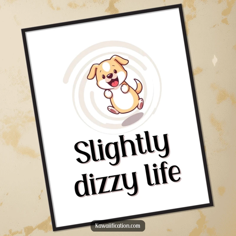 Funny dog poster, bewildered dog chasing its tail in a dizzying spiral, humorous and energetic wall art.