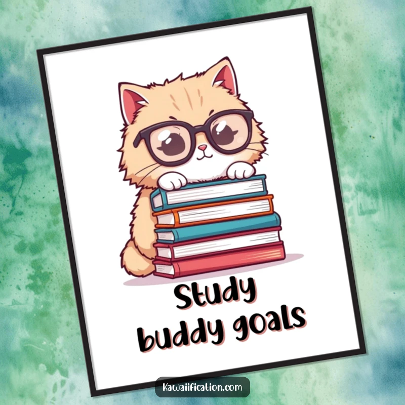 Funny cat poster, fluffy cat wearing oversized glasses, attempting to balance a precarious stack of books, humorous wall art.