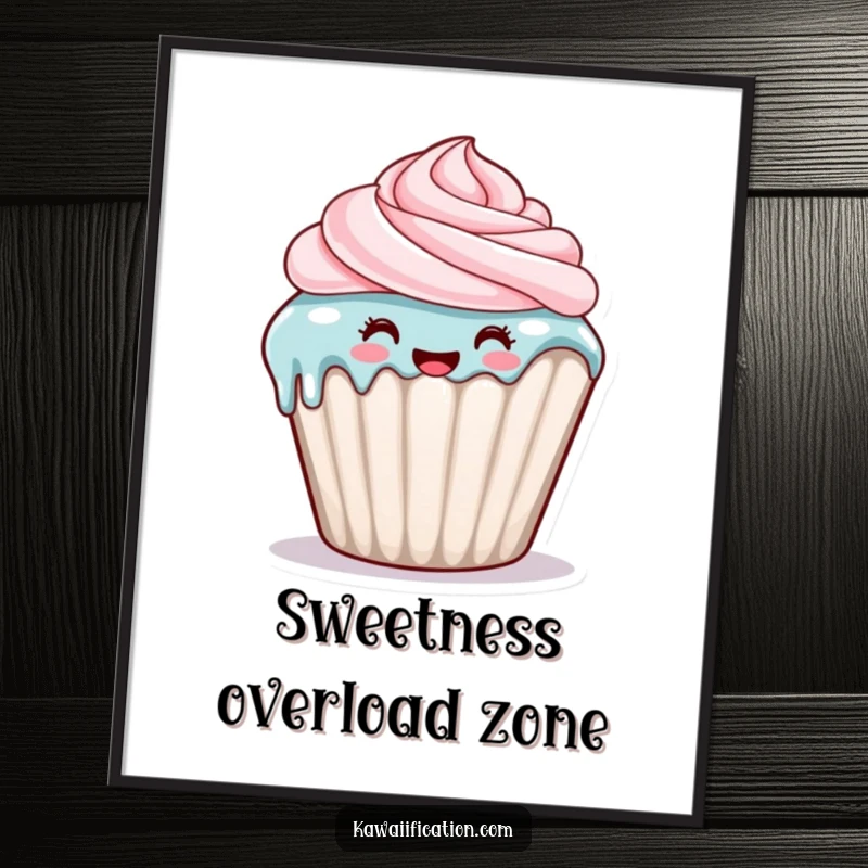 Funny poster of a happy cupcake character with frosting dripping down its side, a whimsical and delicious piece.