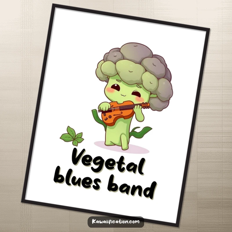 Funny poster of a shy broccoli floret playing a tiny violin, a heartwarming and humorous piece of art.
