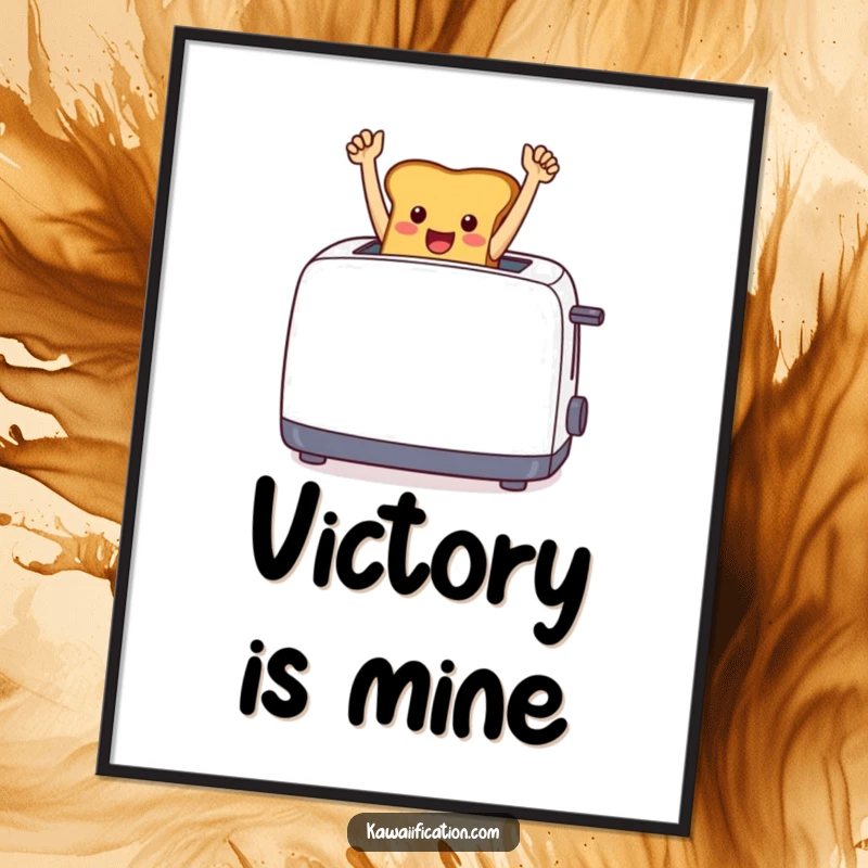 Funny cheerful toast leaping from a toaster with arms raised in a celebratory pose, as wall art.