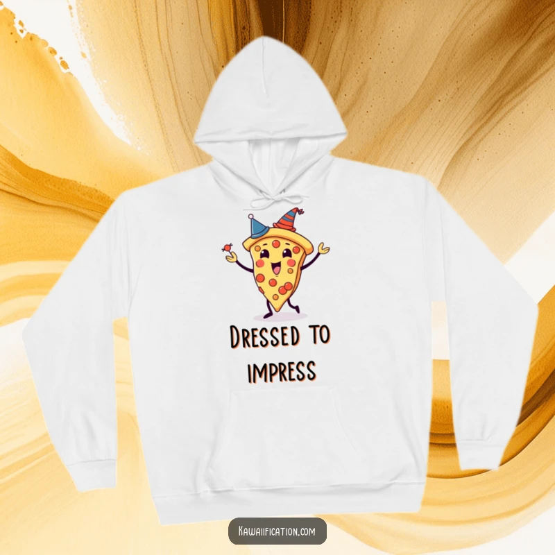 Funny hoodie featuring a pizza slice character juggling with tiny hats on each slice, perfect for cozy and festive occasions.