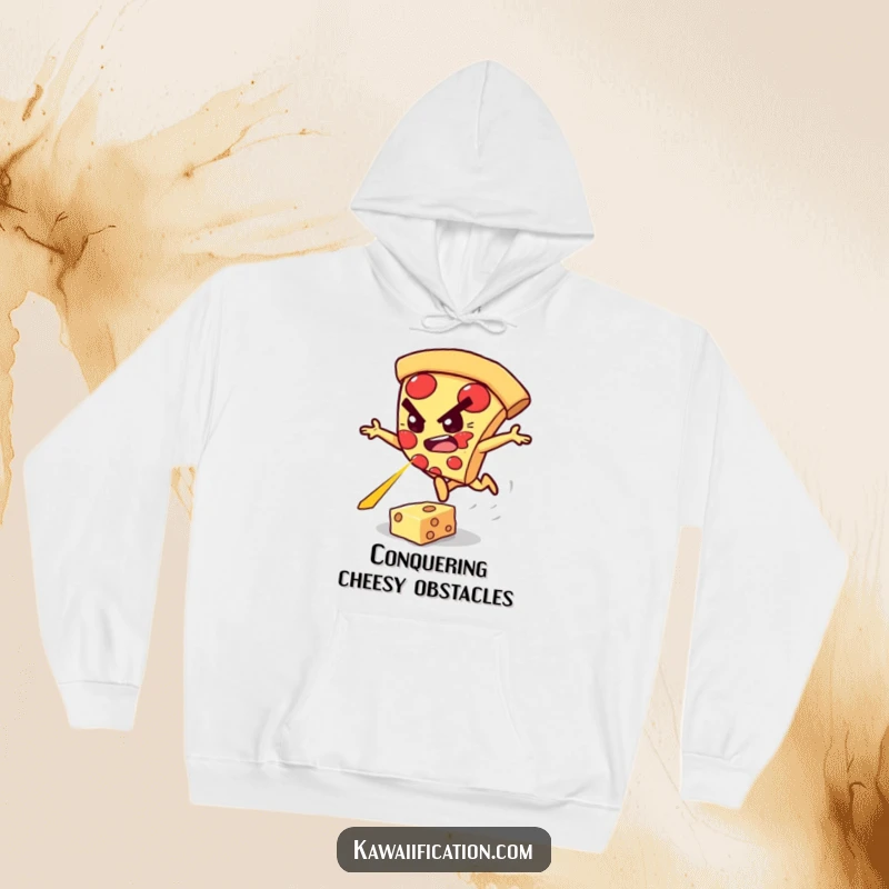 Funny hoodie featuring a determined pizza slice character leaping heroically over a vibrant cheese laser.