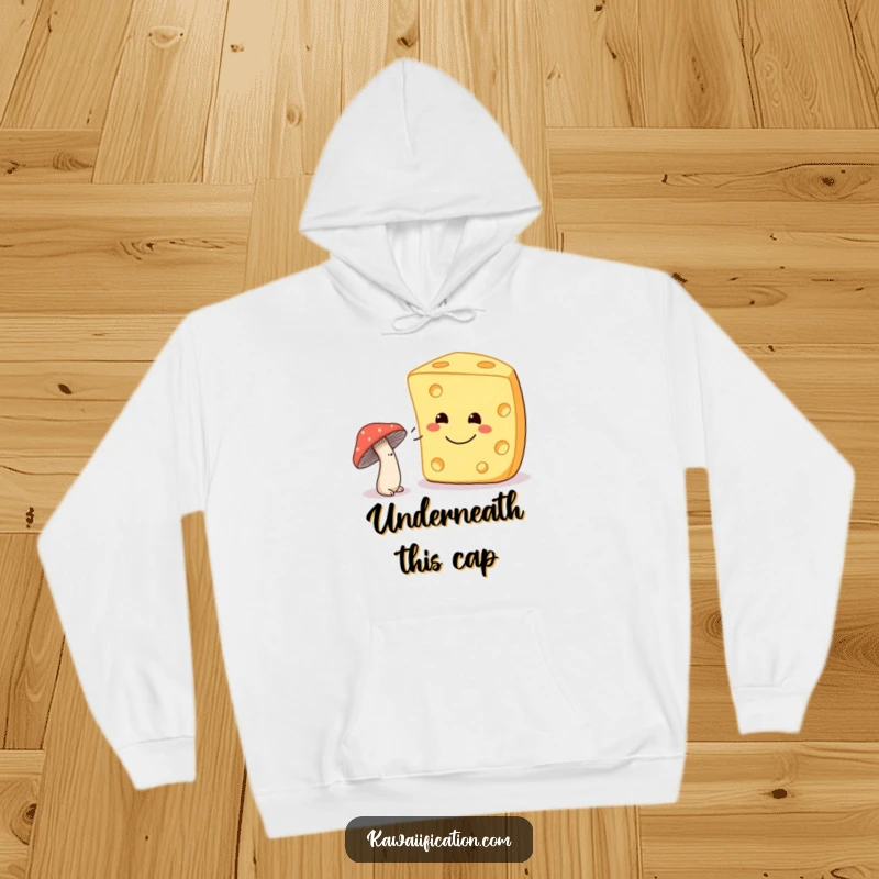 Funny shy mushroom winking at a smiling cheese on a warm hoodie, perfect for adding whimsical comfort.