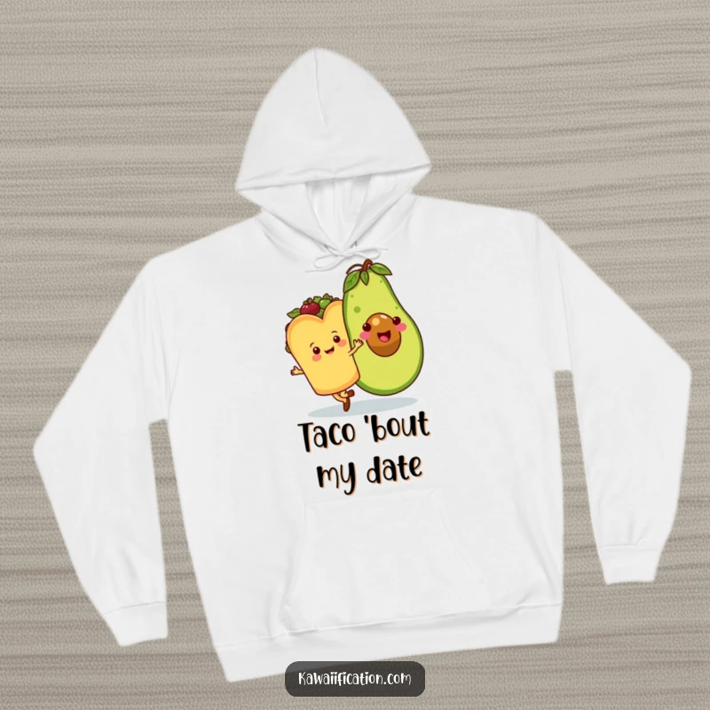 Funny hoodie depicting a happy taco character engaged in a waltz with a large, smiling avocado, conveying warmth and lighthearted fun.