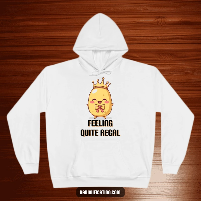 Funny hoodie featuring a proud potato character with a tiny crown, attempting a regal bow. Cozy and dignified.