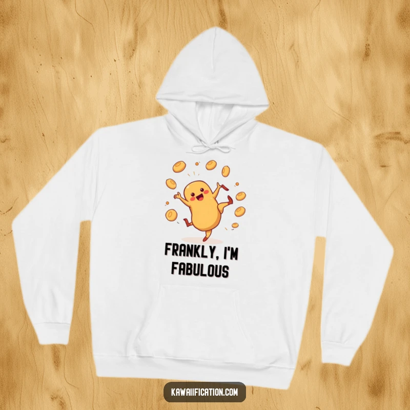 Funny hot dog character cartwheeling and juggling buns on a warm hoodie, perfect for casual wear and spreading laughter.