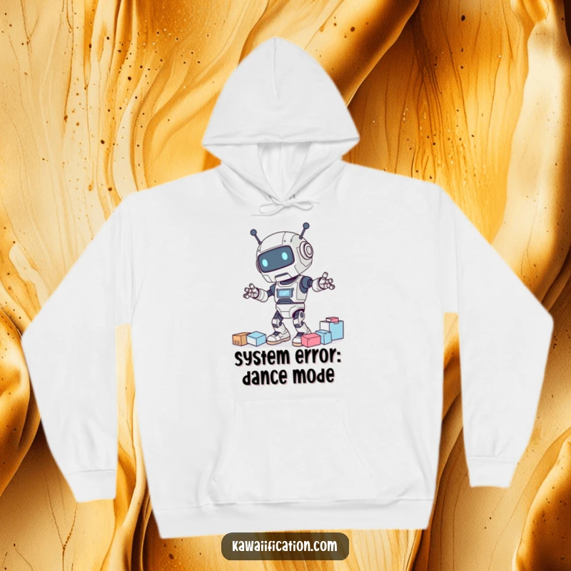 Funny hoodie with a clumsy robot character attempting to dance, causing a comical supply spill with a sheepish robotic expression.
