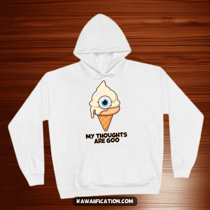 Funny melting ice cream cone with one giant eye, looking confused, soft hoodie featuring a quirky cartoon character, best funny gift.