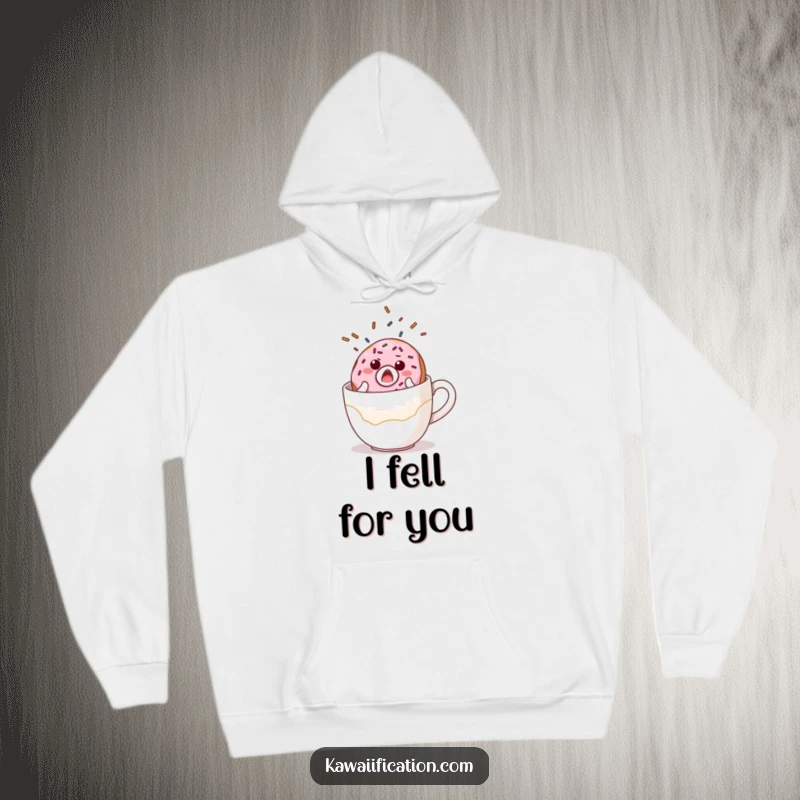 Funny hoodie featuring a surprised donut with sprinkles flying, comically falling off a giant coffee cup, cozy and humorous.