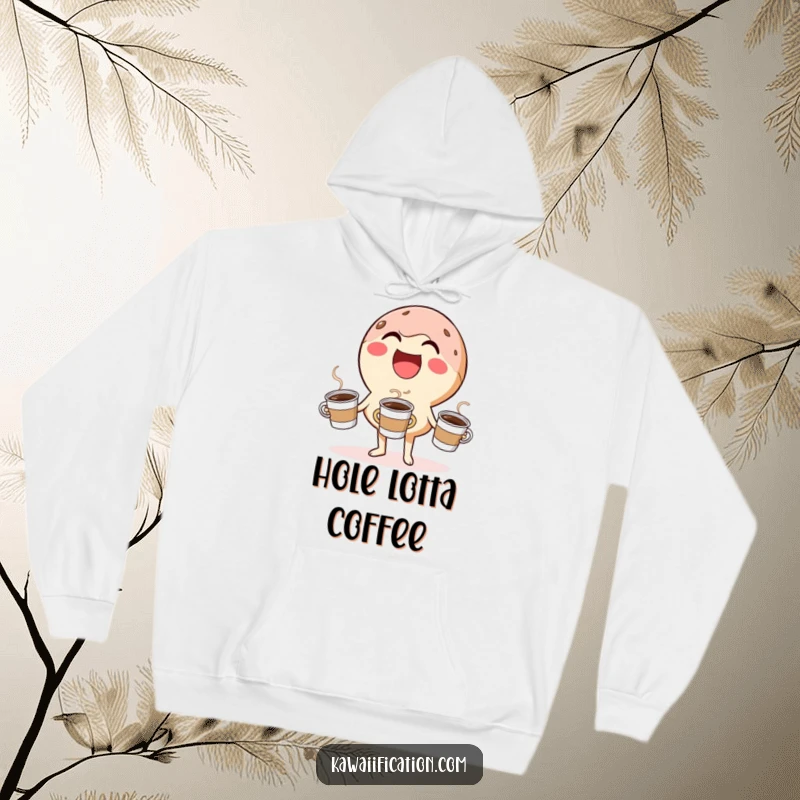 Funny hoodie depicting a laughing donut character juggling tiny coffee cups, providing cozy comfort and comedic charm.