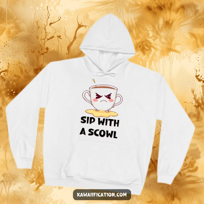 Funny hoodie featuring a grumpy teacup spilling its drink while attempting a playful wink, embodying morning grumpiness.